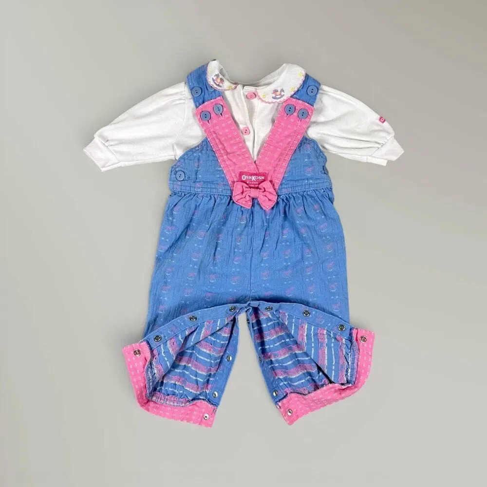 Vtg OshKosh Overalls & Shirt Pink Blue Rocking Horse Bows Vestbak Size 3-6 Mos